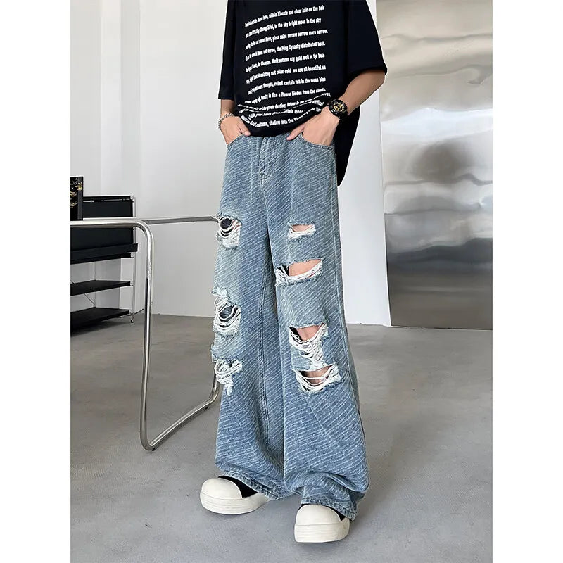Threebooy Men's Ripped Hole Jacquard Jeans  Summer Thin Handsome Casual Pants Unisex High Street Straight Wide Leg Jeans Blue/Black