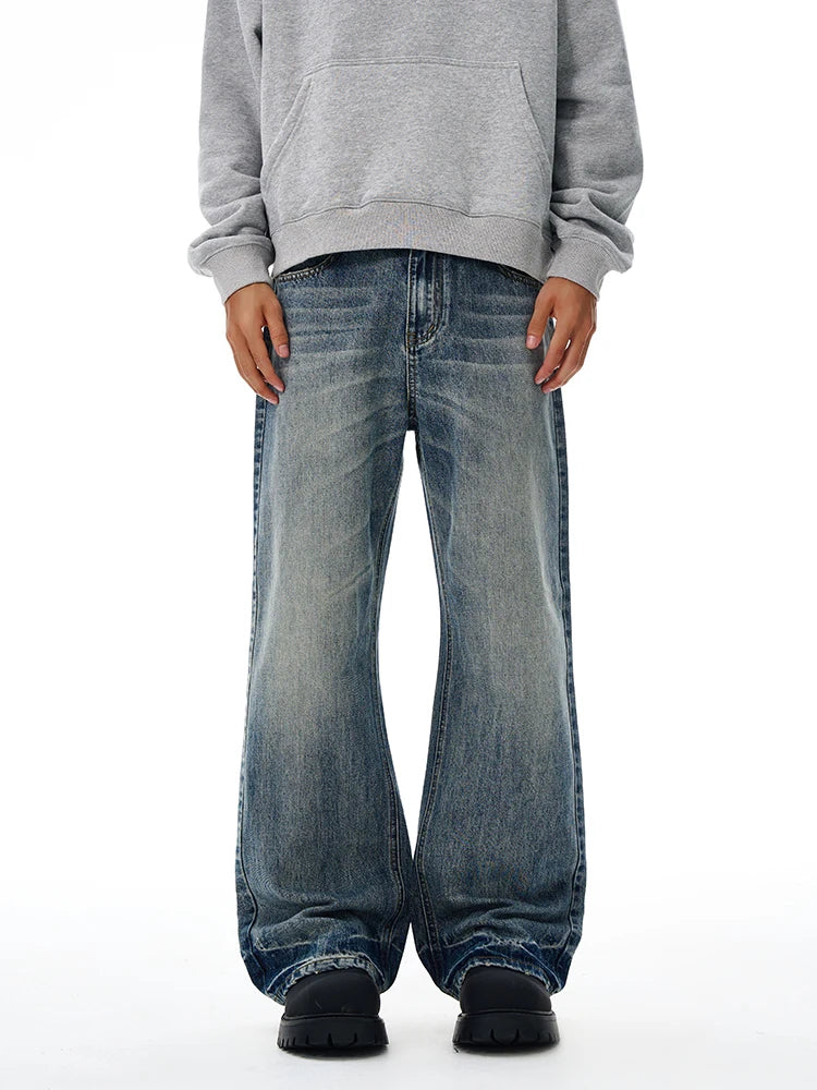 Threebooy Vintage Wash Men's Loose Jeans American Cleanfit High Street Micro Flared Trousers Autumn Fashion Casual Wide-leg Denim Pants