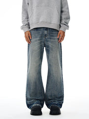Threebooy Vintage Wash Men's Loose Jeans American Cleanfit High Street Micro Flared Trousers Autumn Fashion Casual Wide-leg Denim Pants