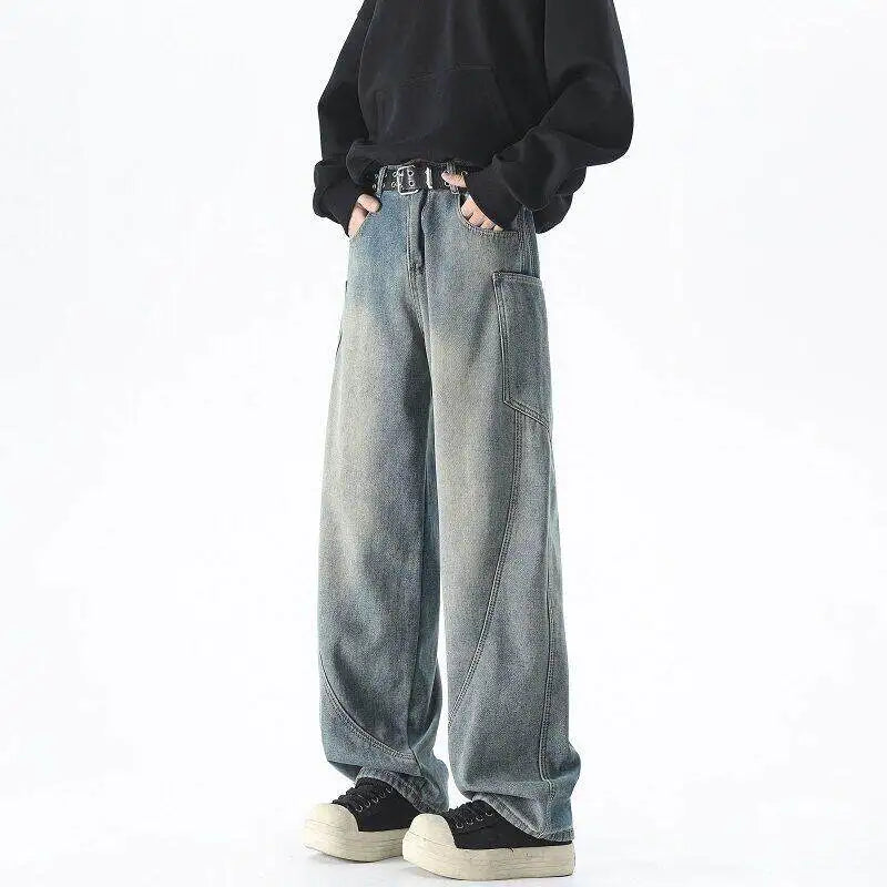 Threebooy  New Streetwear Loose Bent Knife Jeans Men Korean Style Fashion Straight Wide Let Pants Men's Women Black Blue Denim Pants