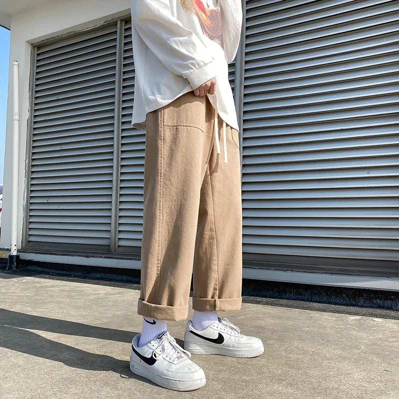 Threebooy  Beige/Khaki/Black Casual Pants Men Fashion Cotton Straight Pants Men Streetwear Loose Hip Hop Wide Leg Pants Mens Trousers S-2XL