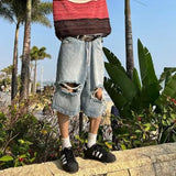 Threebooy Beach Style Jeans Men Summer Fashion Vintage Hole Design All-match Denim Clothing Gothic High Street Males Trousers Knee Length