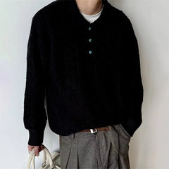 Threebooy  Winter Koran Fashion Polo Neck Button Sweaters Business Casual Striped Jacquard Knitted Pullovers High Street Y2K Knitwear