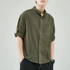 Threebooy  Line Shirt Men's Short-sleeved White Shirt Loose Chinese Style Summer Cotton Linen Casual Jacket Men's Quarter-sleeved Top