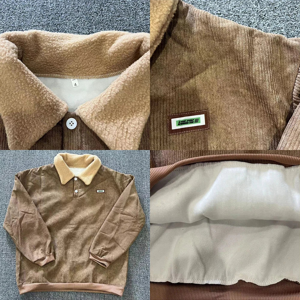 Threebooy Men's Corduroy Polo Shirt Sweater Women's Autumn Winter Fleece Thick Coat Turndown Collar Buttons Long Sleeves Warm Tops