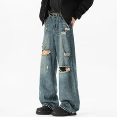 Threebooy NEW Baggy jeans man Frayed Damaged Hole Baggy Wide Leg Jeans for Men and Women Streetwear Casual Ropa Hombre Denim Trousers