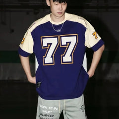 Threebooy  Spliced Short-sleeved Top American Retro Sports High Street Casual Rugby Uniform Basketball Hip-hop Jersey Aesthetic Oversize