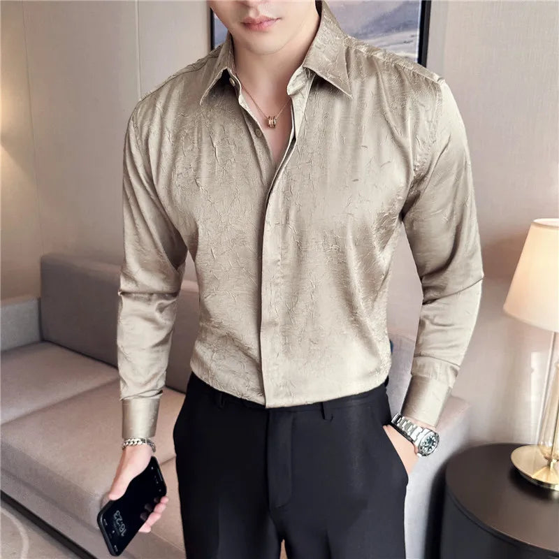 Threebooy Men's Summer Casual Long-sleeved Ice Silk Shirts/Male Slim Fit High Quality Lapel Business Dress Shirt  Homme Tosp S-3XL