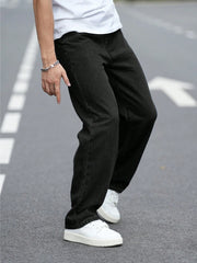 Threebooy  Men's Durable Black Relaxed-Fit Jeans Mid-Waist Comfort Street Style Essential Urban Pants