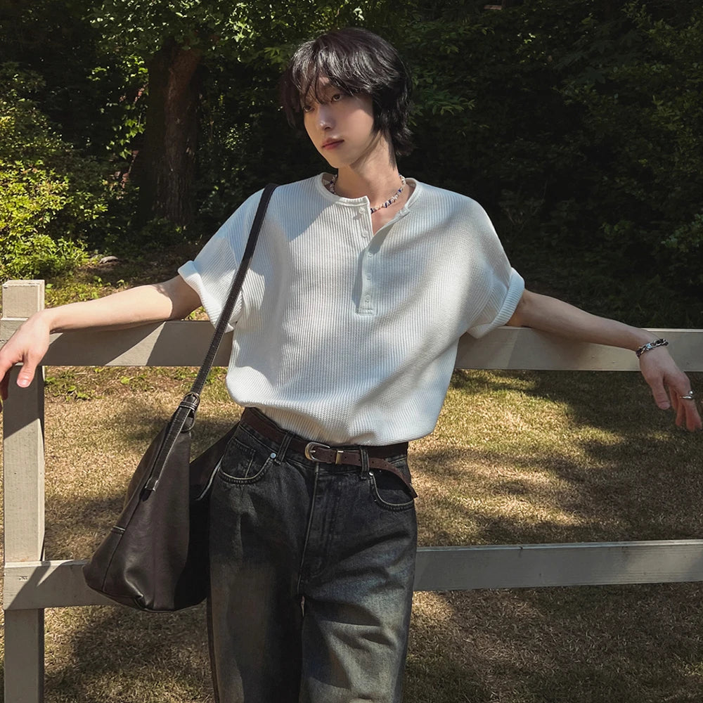 Threebooy Korean Simple Elegant Short-sleeved T-shirt Men's Summer Loose Casual Half-sleeved T-shirt High-end Commuting Outfit Chic Tees