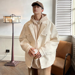 Threebooy Winter Thicken Woolen Coat Men Warm Fashion Casual Thick Woolen Jacket Men Korean Loose Short Woolen Coat Mens Overcoat M-3XL