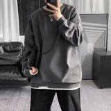 Threebooy Mens Casual Sweatshirts Hoodie Men Fake Two Pieces Oversized Japanese Streetwear Sweatshirts Man Harajuku O-Neck Hoodie