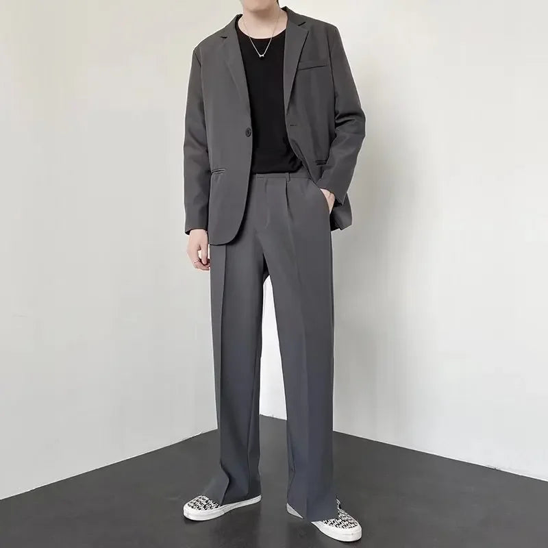 Threebooy  Men Casual Pants Summer New Fashion Korean Slim Suit Pants Personality Slit Wide Blazer Trousers Male Streetwear