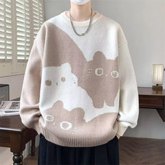 Threebooy  Winter Men's Anime Cat Jacquard Crewneck Knitted Sweaters Hip Hop Fashion Graphic Printed Y2K Jumpers Streetwear Knit Pullovers