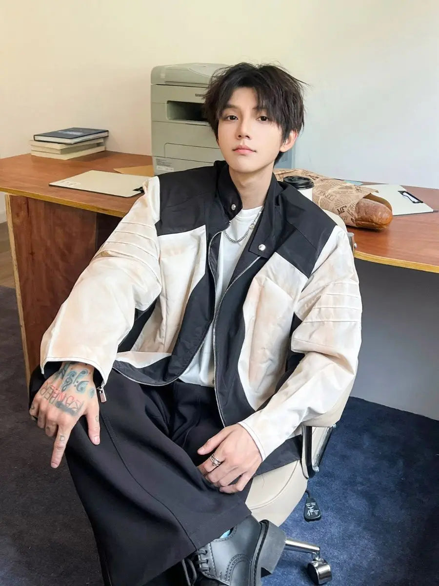 Threebooy American High Street Design Contrast Color Old Silhouette Shoulder Pad Jacket Men's Hipphop Trendy Handsome Motorcycle Jacket