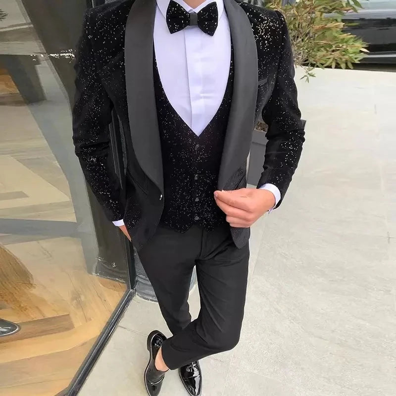 Threebooy  Black Men Suits 3 Pieces Shiny Blazer Vest Pants One Shoulder Sheer Lapel Sequins Tuxedo Wedding Formal Work Causal