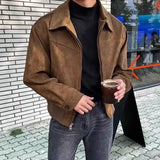 Threebooy 2024 Elegant Solid Brown Coat Men Spring Autumn High-End Loose Lapel New Zipper Short Jacket Vintage Streetwear Bomber Jacket