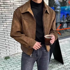 Threebooy 2024 Elegant Solid Brown Coat Men Spring Autumn High-End Loose Lapel New Zipper Short Jacket Vintage Streetwear Bomber Jacket