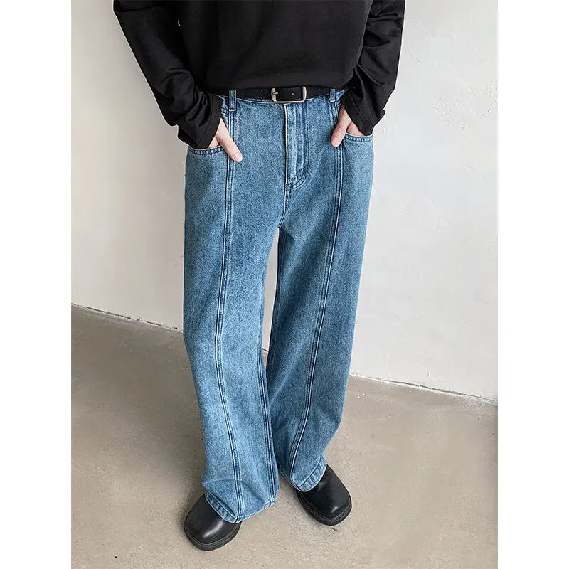 Threebooy  Straight Leg Loose Fit Washed Blue Patchwork Jeans Denim Casual Street Style Distressed Vintage Trend High Quality Jeans