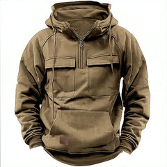 Threebooy Spring Autumn New Men's Hooded Solid Color Sweatshirt Multi Pocket Leather Patch Sports Coat