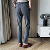 Threebooy Men's Fashion Trend Casual Pants Grey/black Color Ice Silk High Streetwear Formal Trousers Office Business Slim Suit Pants