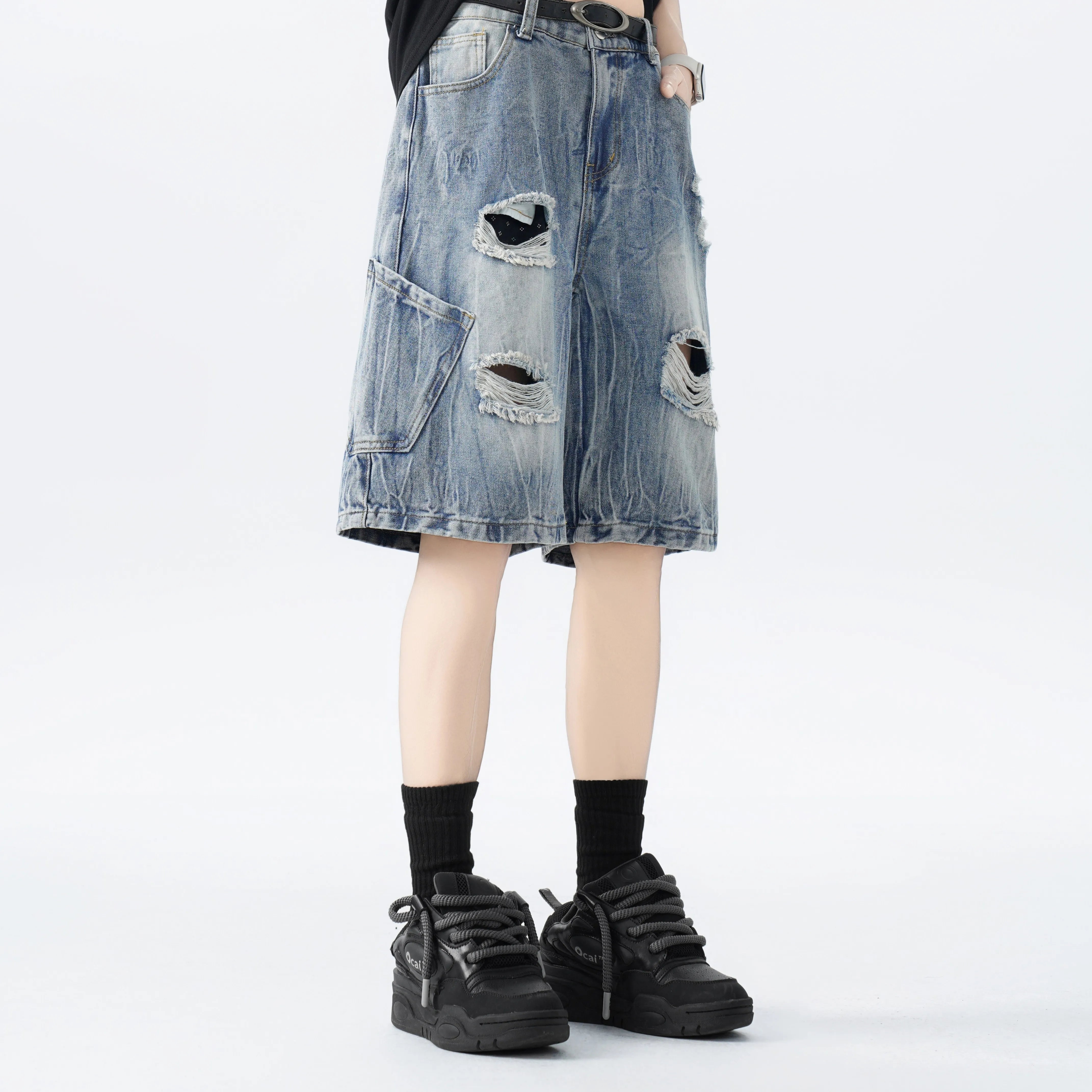 Threebooy  Distressed Denim Shorts mens Ripped Pocket Streetwear Summer Fashion Trendy Urban Vintage Casual Women Men Comfort Stylis