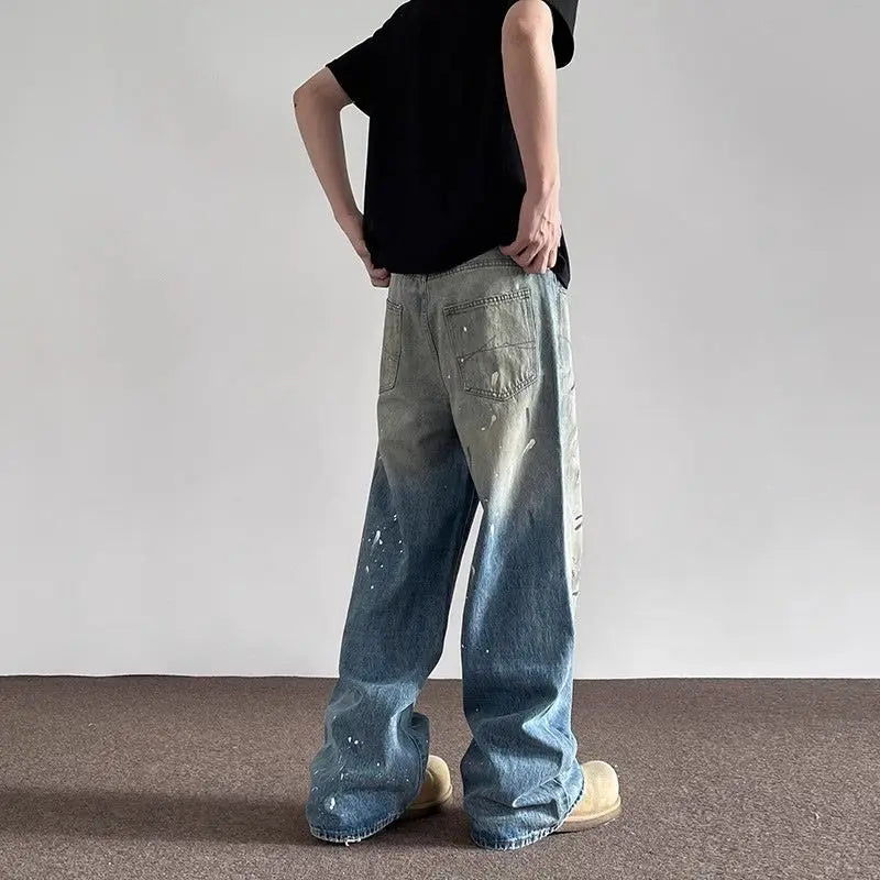 Threebooy Spring and Autumn Men and Women Trendy Personalized Straight Tube Inkjet Laundry Jeans American Couple Loose Retro Casual Pants