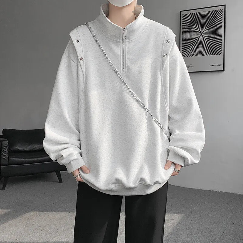 Threebooy  Men hoodie  Stand Collar Half Zip Sweatshirt Star Shoulder Design New Fashion Casual Streetwear Comfort Athletic Pullover