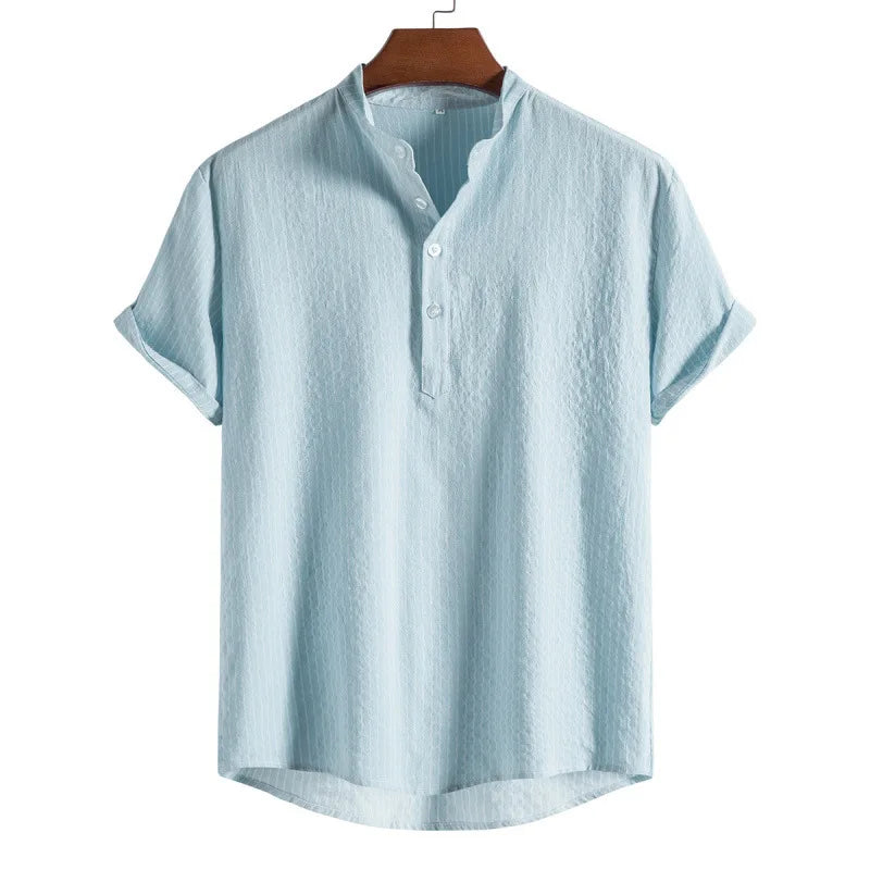 Threebooy Summer Men's Cotton Linen Stand Collar Short Sleeved Shirt