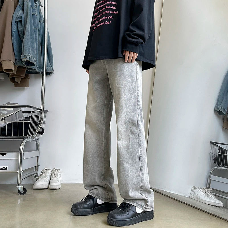 Threebooy  Men's Vintage Light Gray Bootcut Jeans Fashion Korean High Street Denim Trousers Elastic Waist Comfortable Pants Male Clothing