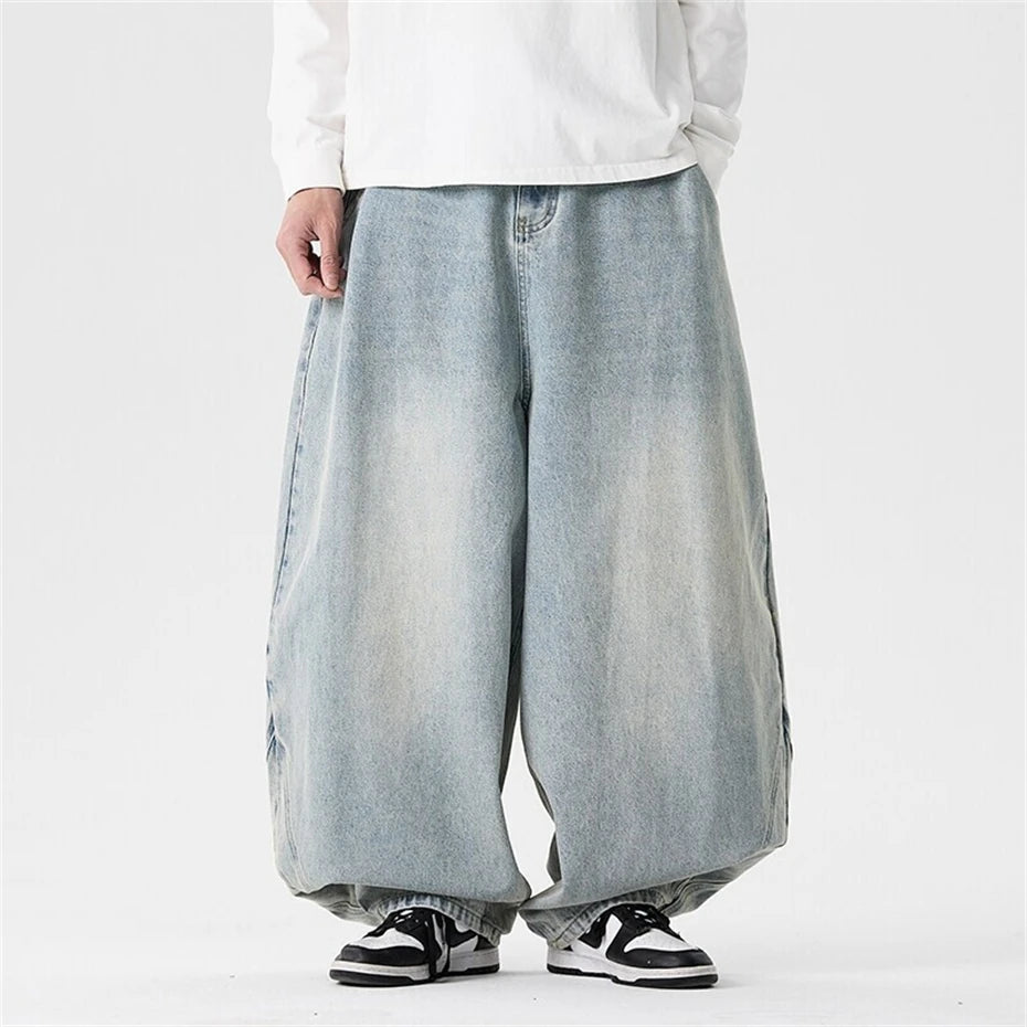 Threebooy  Large Size Summer Jeans Men Streetwear Harajuku Washed Casual Denim Pants Oversized Vintage Japan Style Baggy Wide-leg Trousers