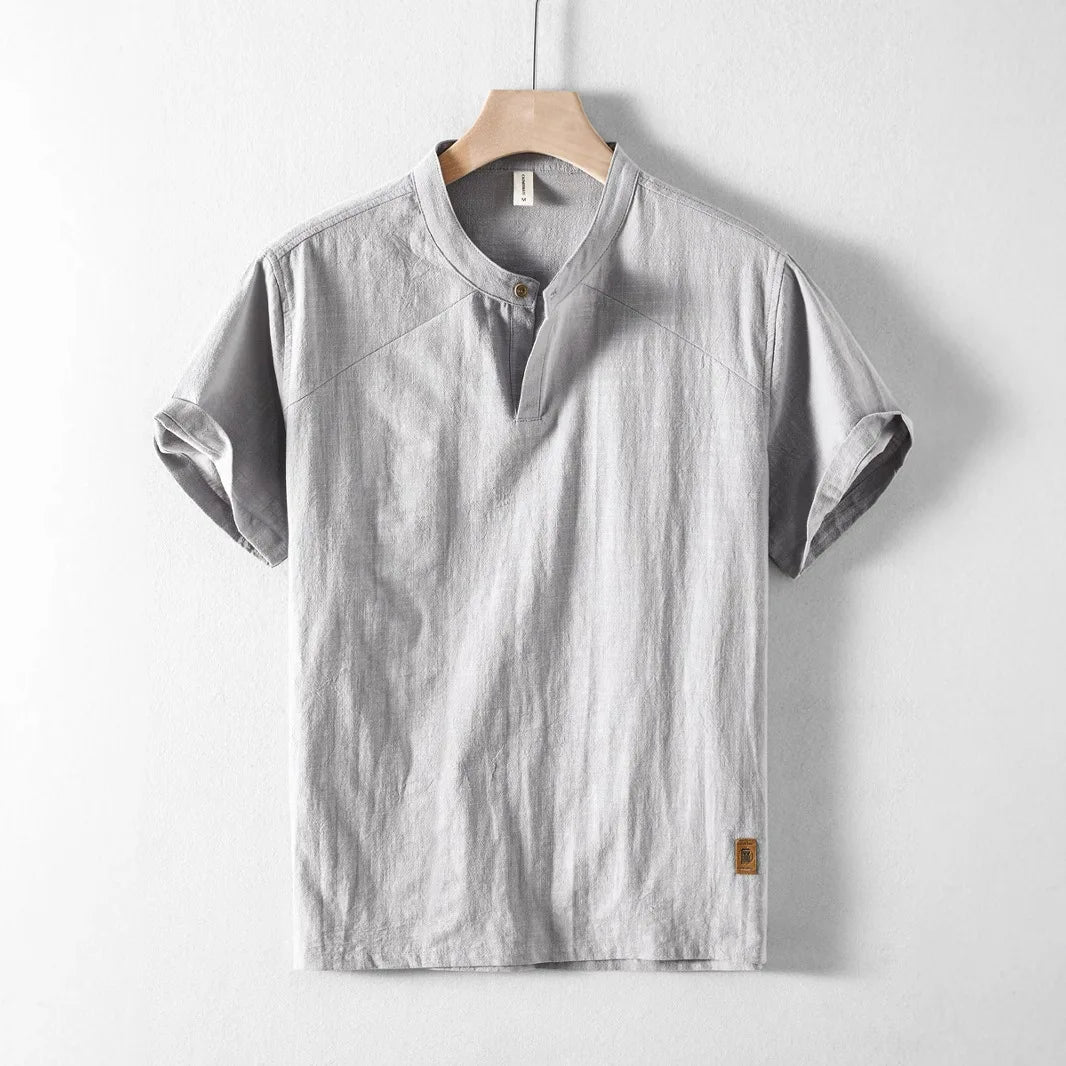 Threebooy Summer Men's Stand Collar Cotton Linen Shirt Casual Button Short Sleeve Beach Shirts Hawaiian T Shirts For Men