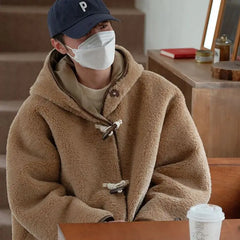 Threebooy Fur Integrated Trench Coat Korean Loose Mid-length Imitation Teddy Lamb Fur Horn Button Coat Men High Street Button Windbreaker