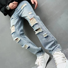 Threebooy New Simple Men Loose Ripped Straight Jeans Pants Male Streetwear Stylish Casual Denim Trousers