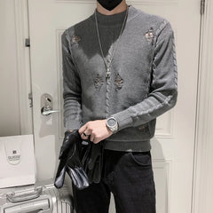 Threebooy  Clothing Men Spring High Quality Casual Knit Sweaters/Male Slim Fit Hole Decoration Pullover Man Sweaters Size S-3XL