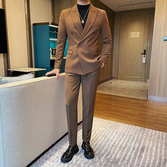 Threebooy  Double-Breasted Peak Lapel Suit Set For Men New Business Formal Wedding Dress Casual Blazer
