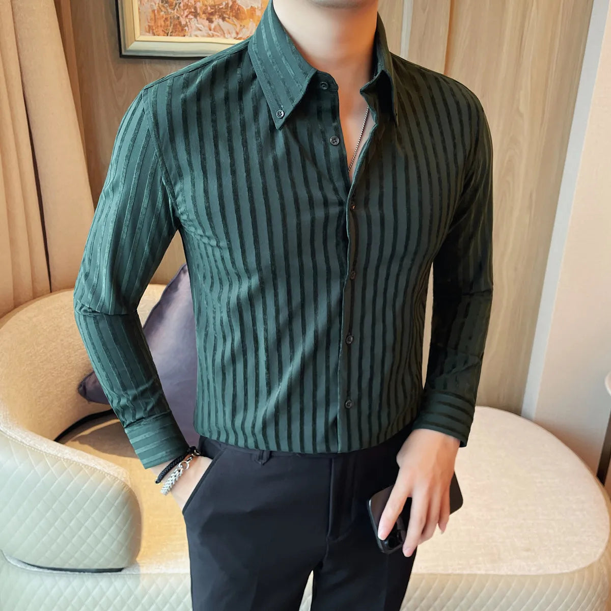 Threebooy  Autumn Winter Men's Long Sleeved Shirt Pointed Collar Striped Casual Business Dress Shirt Men Slim Elastic Non Ironing Shirts