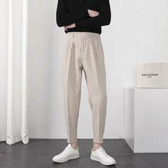 Threebooy  Men Casual Pants Elastic Waist Small Feet Korean Fashion Slim Pleated Tapered Male Blazer Pants Trousers Streetwear