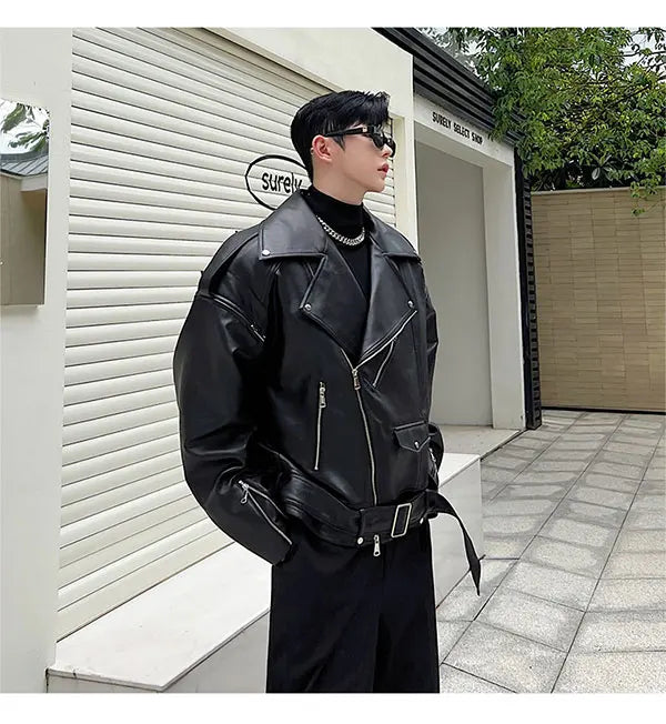 Threebooy Autumn Winter Wide Shoulder Zipper Leather Jacket Luxury Men Streetwear Loose Vintage Punk Motorcycle Jacket Korean Fashion Coat