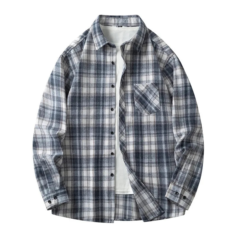 Threebooy Men's Spring Autumn Casual Loose Long Sleeved Shirt Couples Elegant Business Work Plaid Jacket