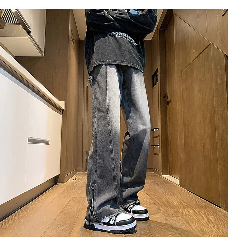 Threebooy Autumn jeans men New Fashion Side Zipper Casual Jean Pants Men High Street Loose Straight Pant Mens Vintage All-match Trousers