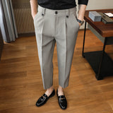 Threebooy  Summer Casual Pants Men Slim Fit Business Dress Pants Ankle Length Streetwear Office Social Suit Trousers Black Grey Khaki