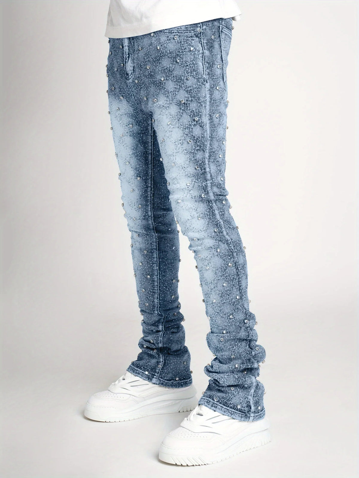 Threebooy  High-End New Model Jeans with Rhinestone Embroidery, Trendy Slim Fit, Slightly Flared, Korean Style, Heavy-Duty Embroidery, Trendy