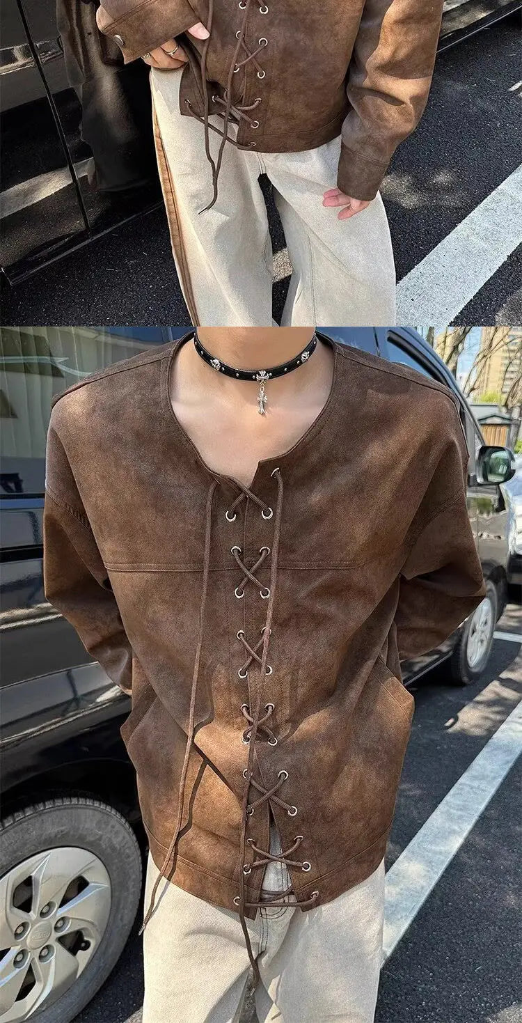 Threebooy Drawstring Double-breasted Shirt Back Fly Design Top American Retro Brown Motorcycle Leather Jacket Women Men's Jacket