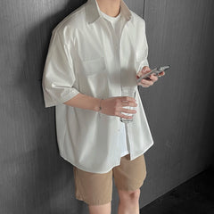 Threebooy High Quality Solid Pockets Shirts Black Blouses Summer Korean Smooth Short Sleeve Shirt Streetwear Oversize Cargo Shirts