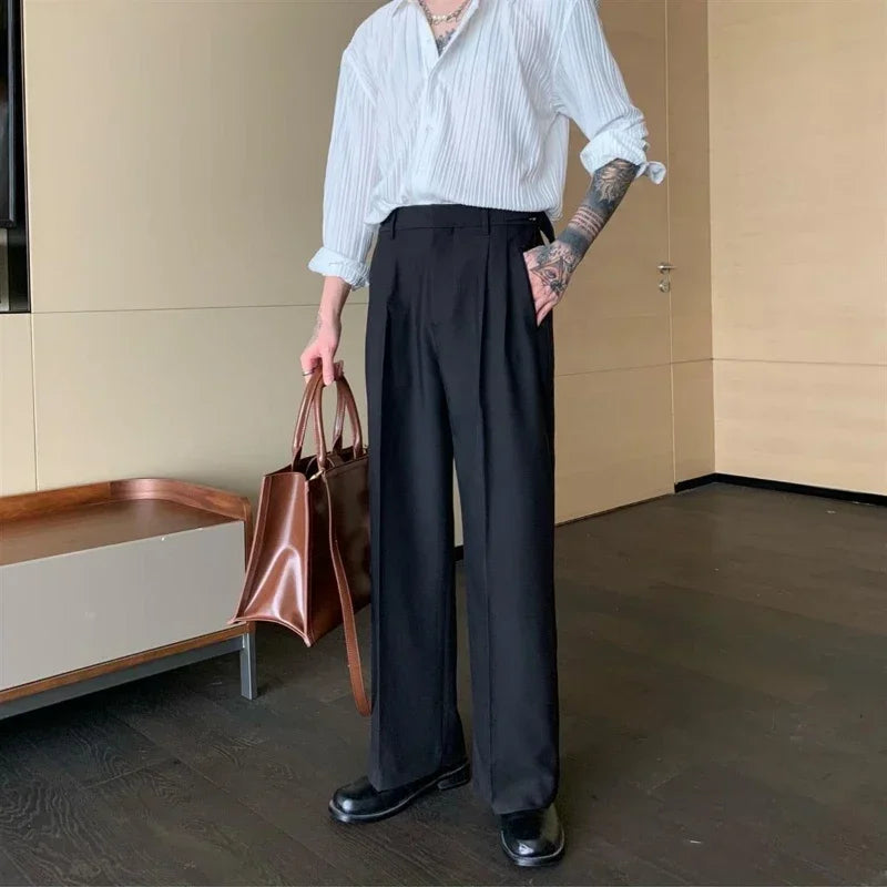 Threebooy  Men Suits Pants Wide Leg Black Pleated Baggy Summer 2024 Fashion Stylish Trousers for Men Korean Style Clothes Classic New in Up