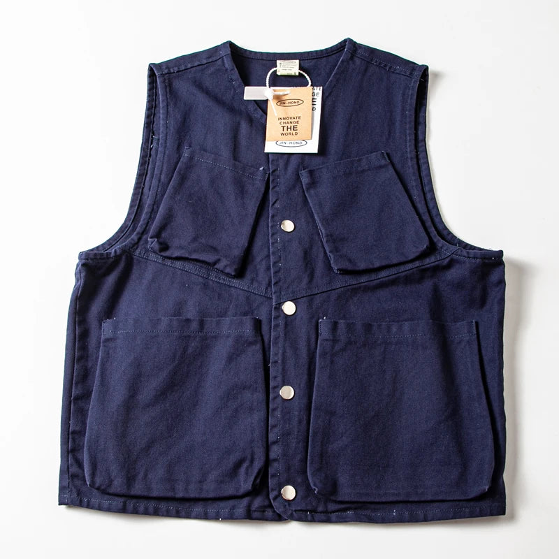 Threebooy Japan Retro Heavy Twill Fabric Tooling Vest Functional Waistcoat Loose Fashionable High-end Pocket Couple Jacket Top Aesthetic