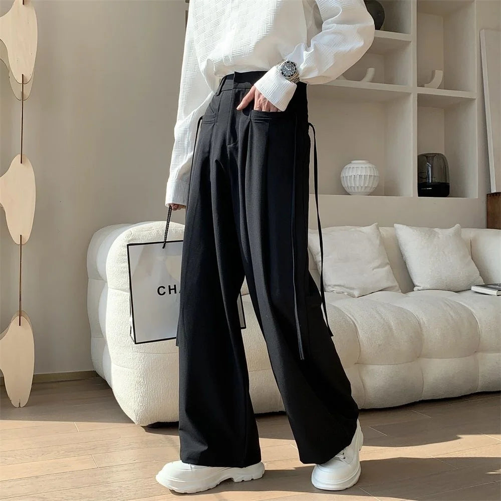 Threebooy Men's Loose Wide Leg Pants Fashion Trend Cotton Casual Pants Business Design Silk Formal Trousers Apricot/black Suit Pants