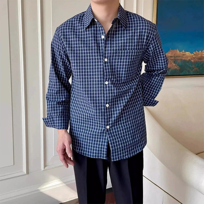 Threebooy  New American Retro Men Shirts Light Luxury Textured Lapel Plaid Long Sleeve Cardigan Leisure Trendy Premium Check Blouse M-2XL
