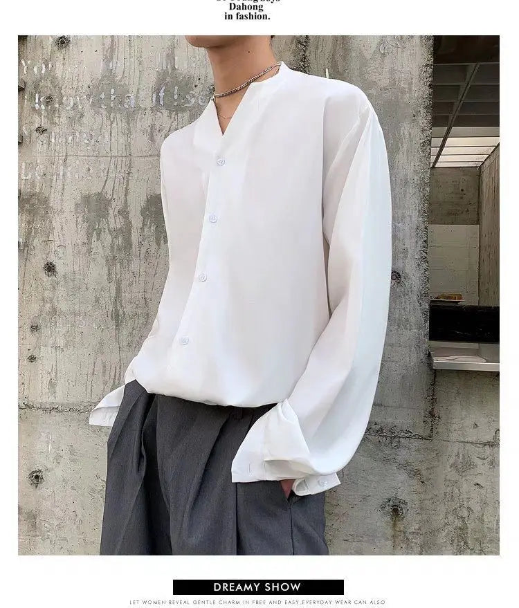 Threebooy 2025 New Retro V-neck Shirt Temperament Solid Color Long-sleeved Drooping White Shirt Korean Loose Trendy Top Aesthetic Chic
